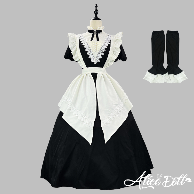 Preview of クラシカル メイド服 ワンピース＆エプロンセット ロング丈 ショート丈 付け袖 2WAY 長袖 半袖 ロリータ ゴスロリ XL - 5XL クラロリ