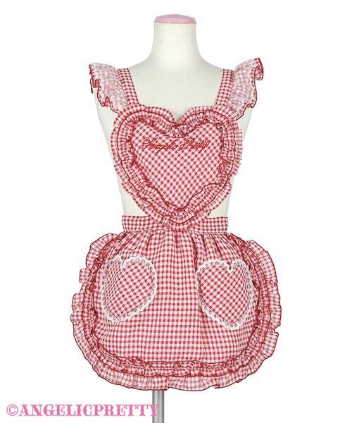 Preview of ■Angelic Pretty■Heartギンガムフリルエプロン アカ赤■ロリータロリィタガーリーギンガムチェック柄ハート胸当てロゴ刺繍サロンエプロン