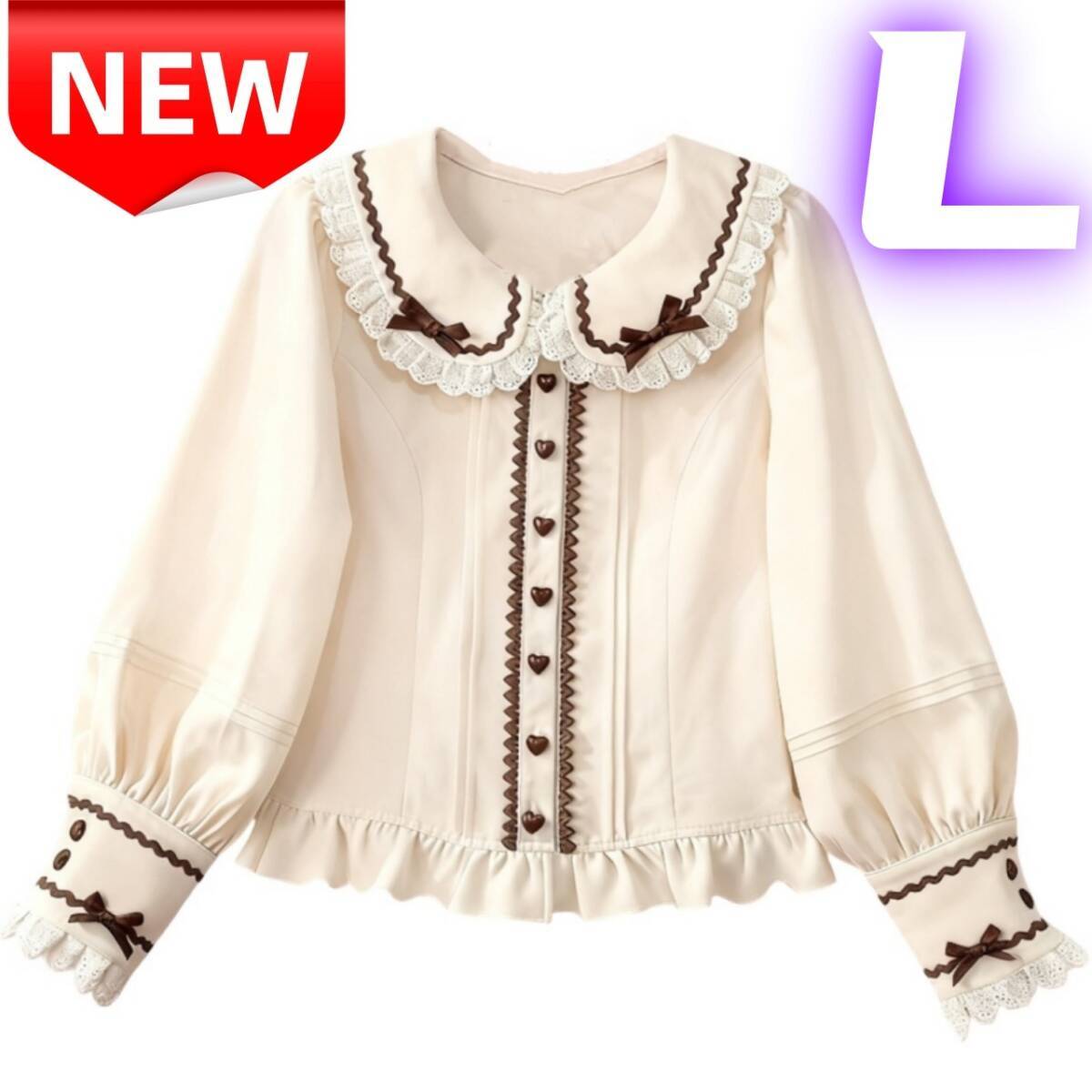 Preview of [新品]ロリータ ブラウス 長袖 フリル レース リボン ハート型ボタン 甘ロリ ゴシック レディース トップス L クリーム 可愛い カジュアル