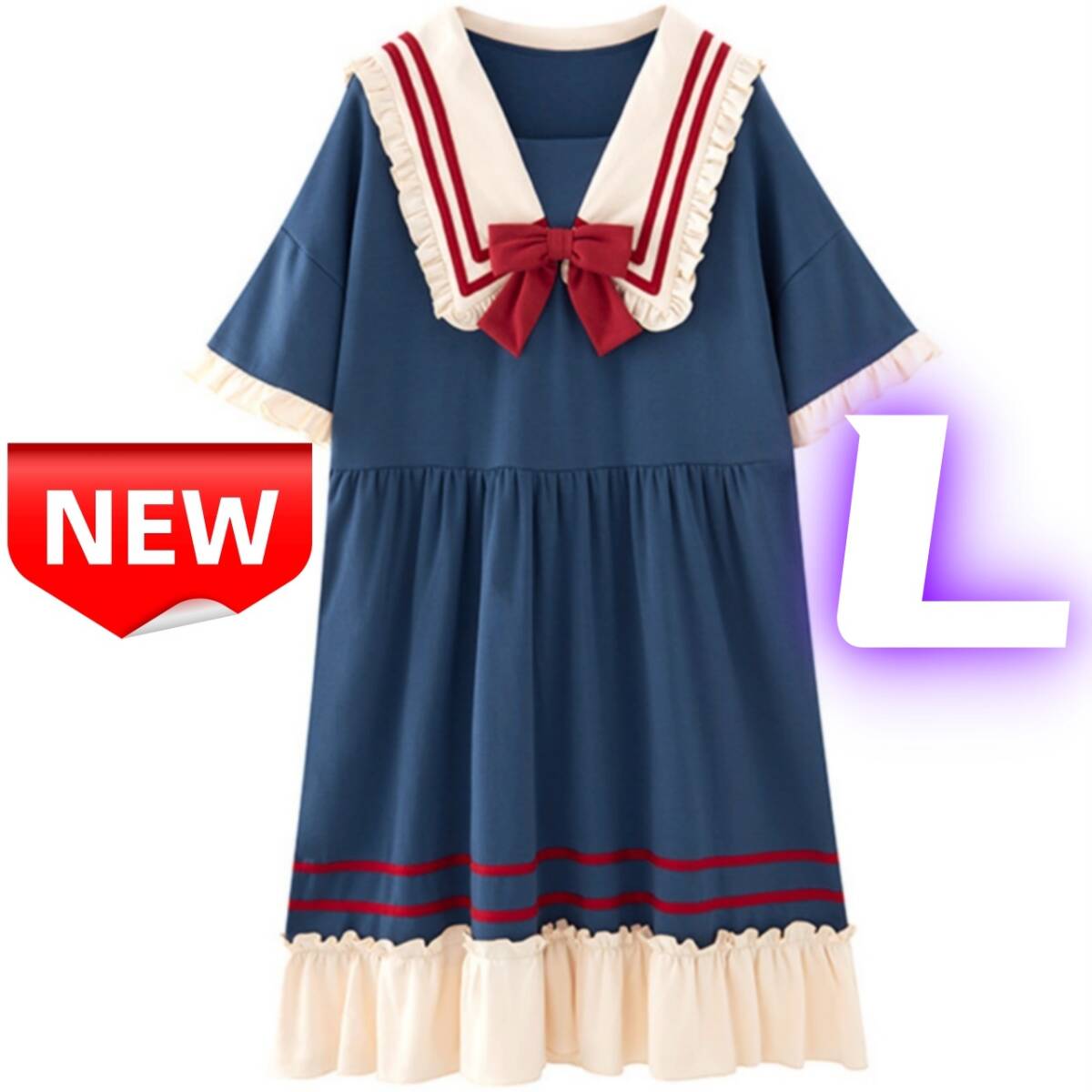 Preview of [新品]セーラーカラー フリルワンピース ネイビー 半袖 ナイトドレス ルームウェア リボン付き 可愛い パジャマ ワンピース レディース L