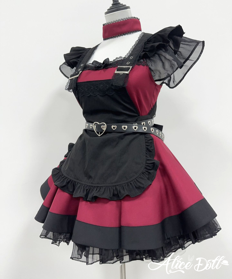 Preview of メイド服 ワンピース ゴスロリ エプロン ウエストベルト チョーカー カチューシャ付き 5点セット レディース ブラック レッド ロリータ風