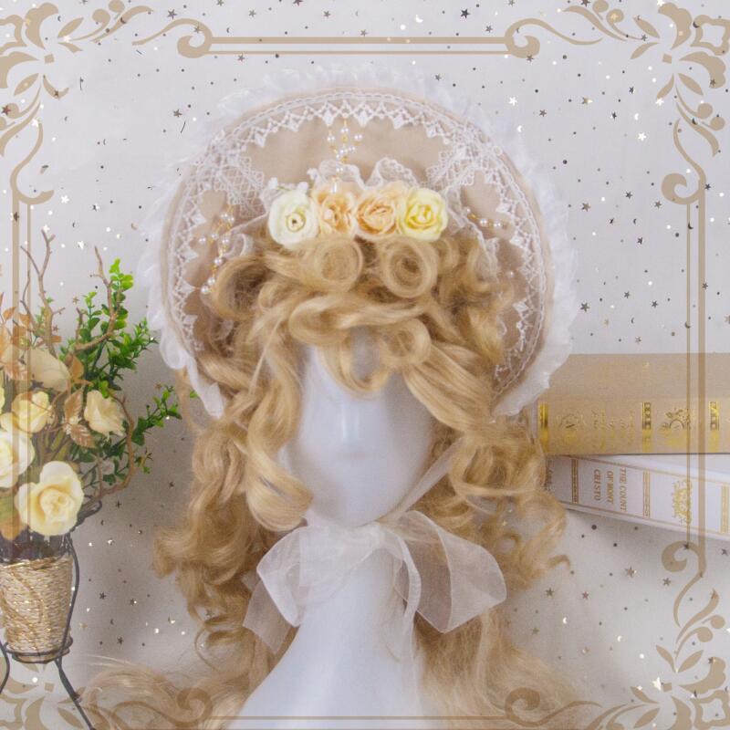 Preview of ロリータ ボンネット 帽子 ヘッドドレス ベージュ エレガント レディース ゴスロリ アクセサリー フラワー 薔薇 花 小物 クラシカル