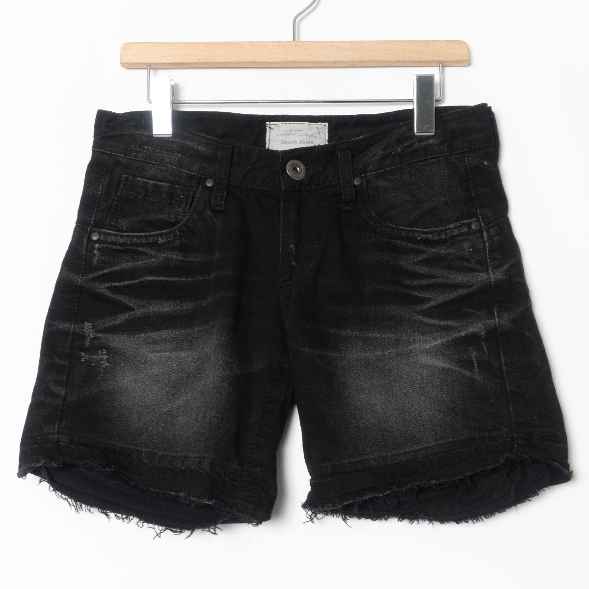 Preview of Mail order available. LOLITA JEANS Used-look denim shorts, size S, black, 100% cotton, zip fly, women's, spring/summer casual.