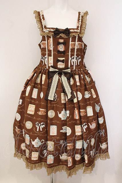 Preview of metamorphose / [Plus Size] Classic Tea House Chiffon Frill Jumper Skirt Plus Size Brown O-26-05-28-079-ME-OP-IG-OS
