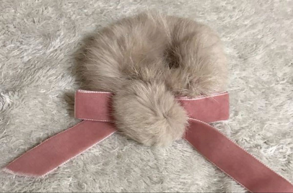 Preview of Jane Marple fur scrunchie with ribbon, pink and beige, hair accessory, Lolita style, JaneMarple