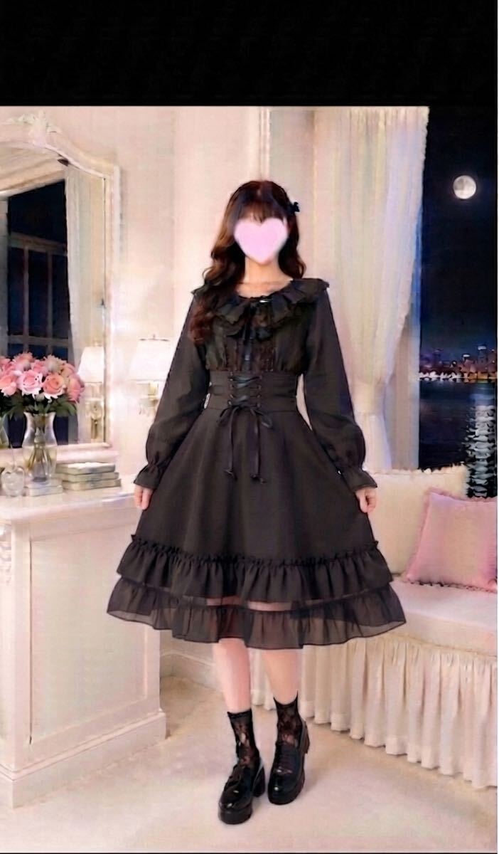 Preview of Brand new, tagless but with tag pin. [Plus size L] Gothic & Lolita corset-style black dress / long sleeves, lace-up, sweet lolita, jirai-kei (landmine style) Item code 67⑥