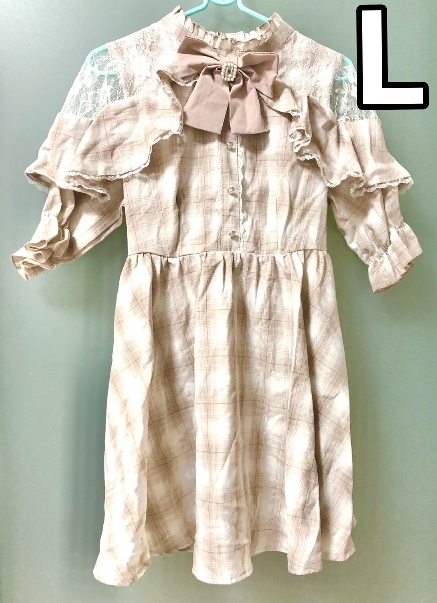 Preview of Brand new Kaekyun short-sleeved cape-style lace dress, checkered pattern, pink, size L, with ribbon. Suitable for various styles including "Jirai-kei," "Koakuma-kei," "Lolita," and "Mass-produced" mini dresses.