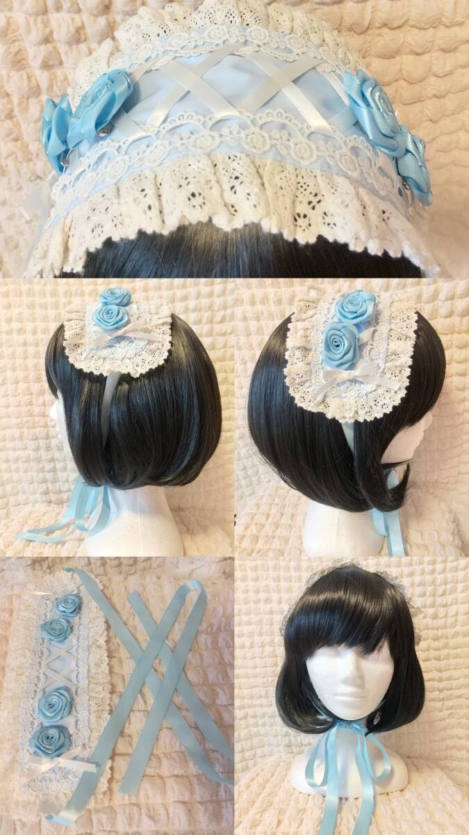 Preview of BODYLINE Remake ■ Satin Ribbon Lace-Up Torsion Lace Head Dress with 4 Rolled Roses - Saxophone Blue x White ■ Chemical Lace Classical Lolita