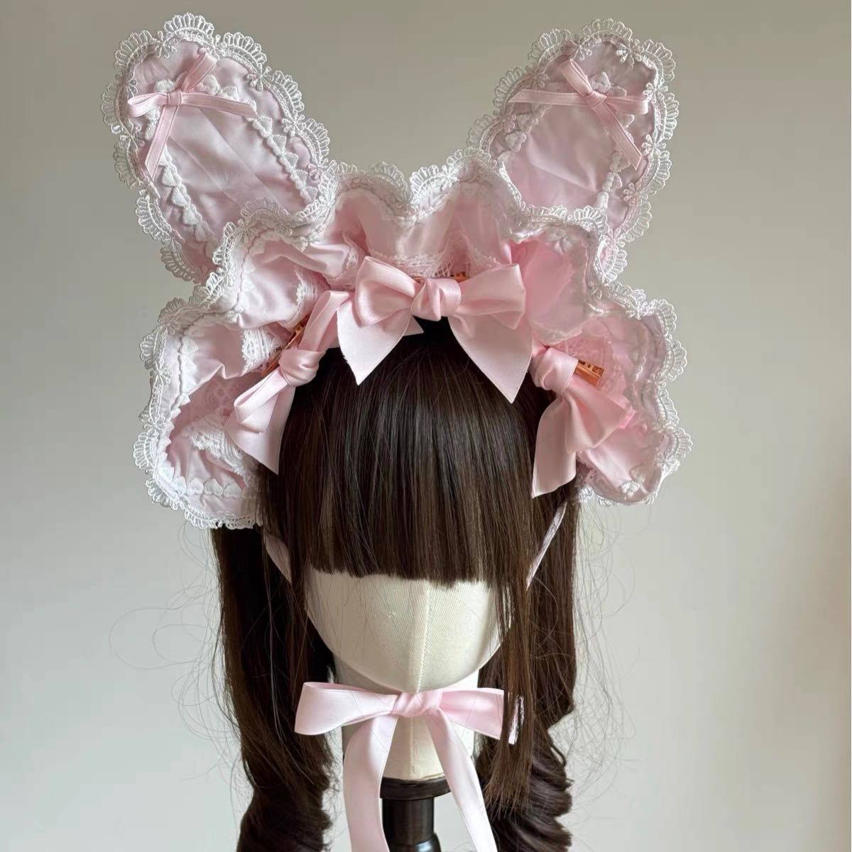 Preview of ピンク リボン うさ耳 ボンネット ロリータ 可愛い ヘッドドレス ロリィタ