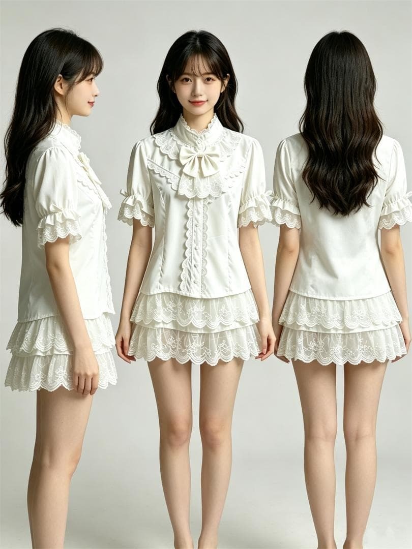 Preview of [新品]アイボリー レースブラウス リボン付き スタンドカラー 半袖 パフスリーブ レース袖口 上品 お嬢様系 ガーリー ロリータ 量産型 XL