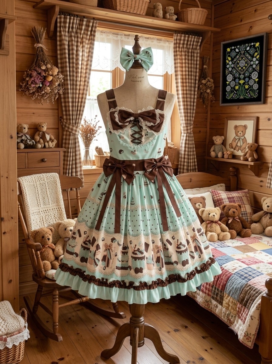 Preview of 新品 スイーツモチーフ チョコミント ジャンパースカート＆リボンアクセセット L ロリータ フリル ロリータワンピース
