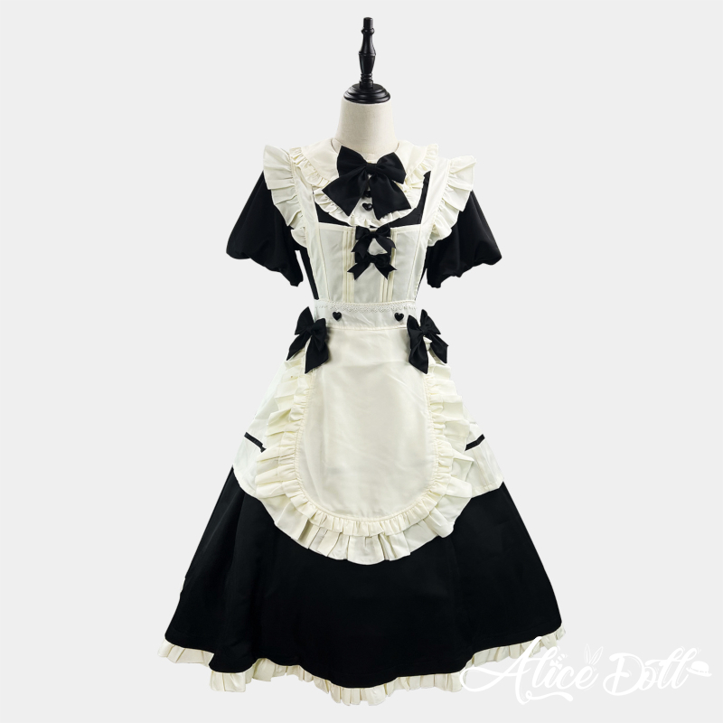 Preview of ロリータ ロング丈 メイド服 クラシック メイド ワンピース エプロン カチューシャ 付け袖 長袖 半袖 2way ドレス Lolita クラシカル