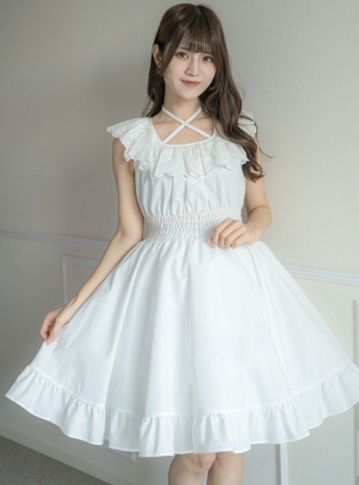 Preview of 新品 眞白ありす 綿レース使い ワンピース 白 Lサイズ 膝丈ワンピース ロリータ 白ロリ 地雷系 量産型 姫系 ロングワンピ ゴス系 ノースリ