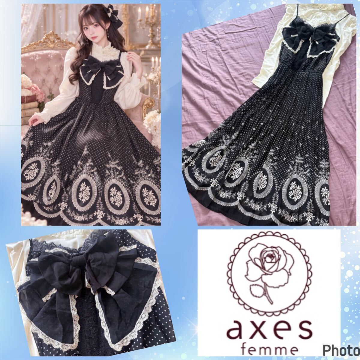 Preview of Axes Femme ★ Excellent Condition ★ Very Popular Item ★ Big Ribbon ★ Panel Pattern ★ Long Dress ★ Cute, Fairy Grunge, Princess Lolita, Forest Girl, Young Lady ★ y2k ★ axes