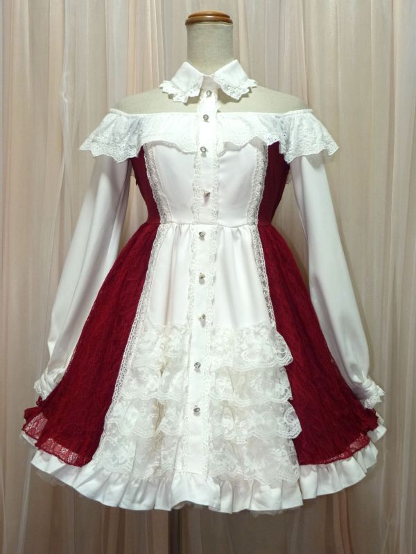 Preview of 9-96☆Bon24Hiz/Ivory & Dark Red/Frill Lace/Mass-produced "Jirai-kei" style/Lolita dress/S/W33~48.B80☆