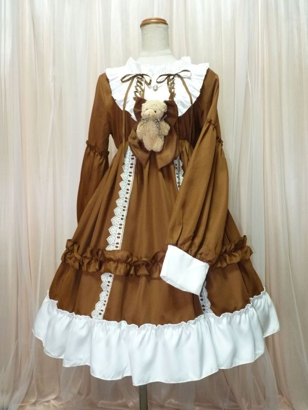 Preview of 9-97☆Fashion/Brown & White/Bear Ribbon/Mass-produced style "Jirai-kei" (a type of Japanese fashion)/Lolita dress/W28~40.B40~48☆