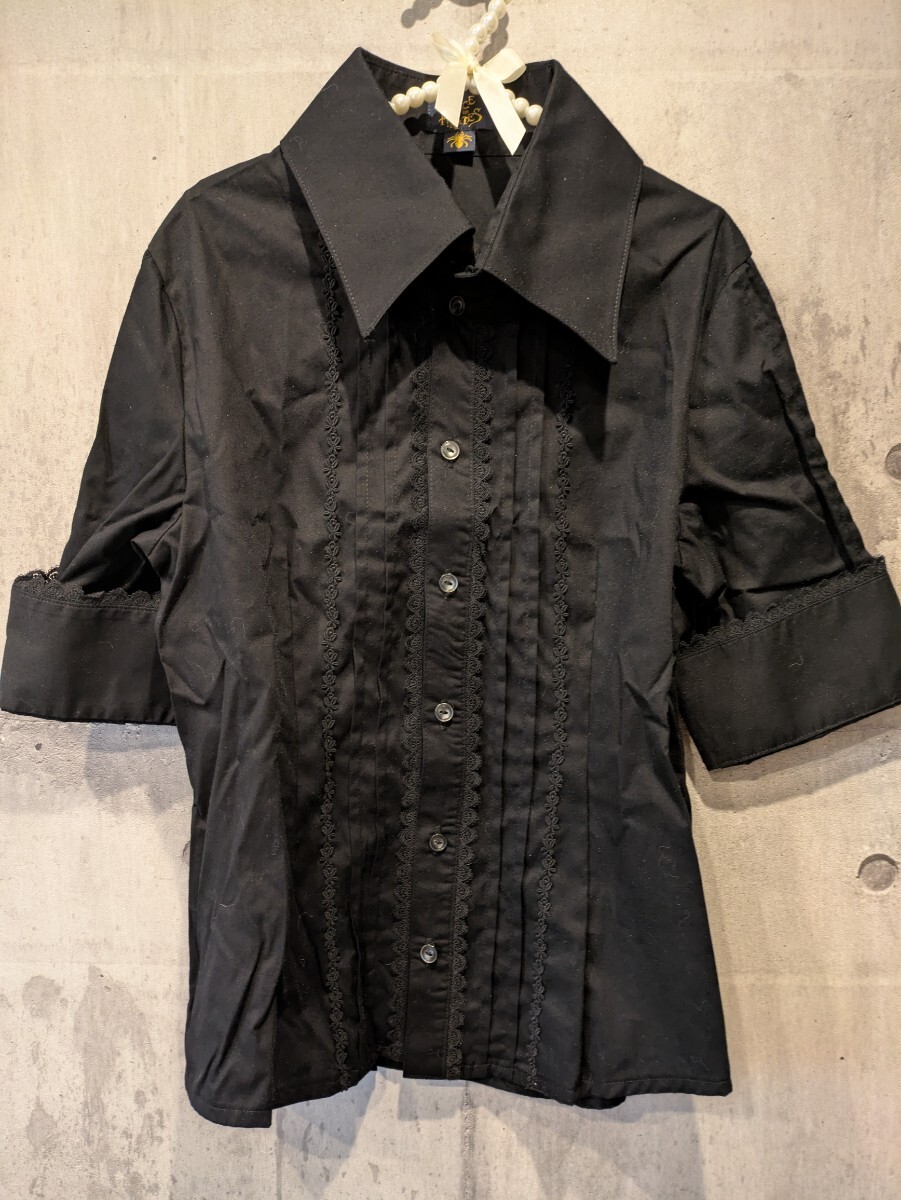 Preview of ALICE and the PIRATES Gothic-style frill blouse, black, short sleeves, lace trim, stand collar, BABY