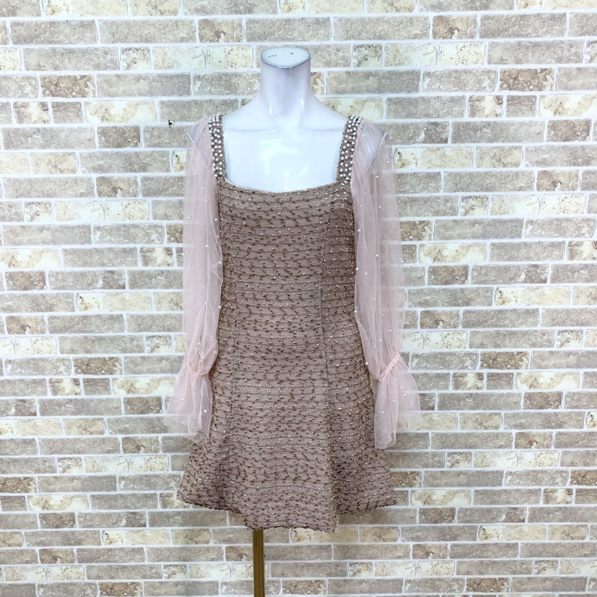 Preview of 【ネコポス可】 Fashion 長袖ワンピース M ピンク茶系 ロリータファッション カラードレス キャバドレ 中古３０１７０