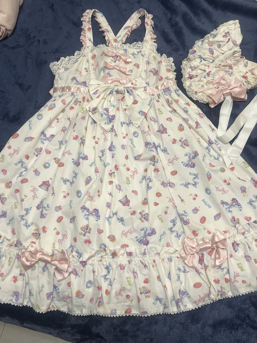 Preview of BABY, THE STARS SHINE BRIGHT Jumper Skirt and Half Bonnet Set (White) JSK