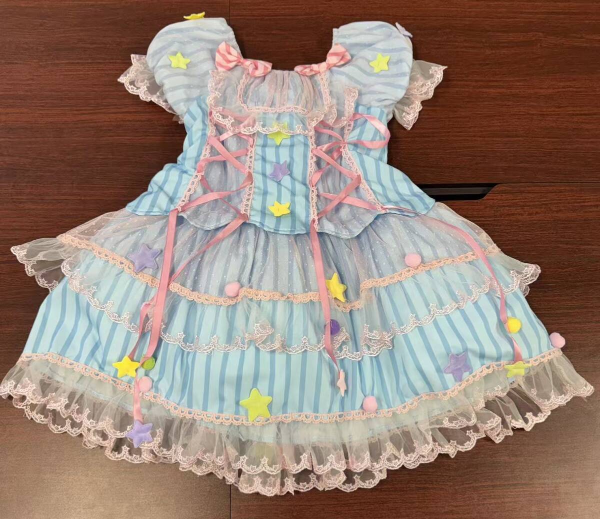 Preview of スイートロリータ OP 水色ピンクストライプ 星モチーフ サーカス風ワンピース ヘッドリボン + リストレット 4 点セット sweet lolita