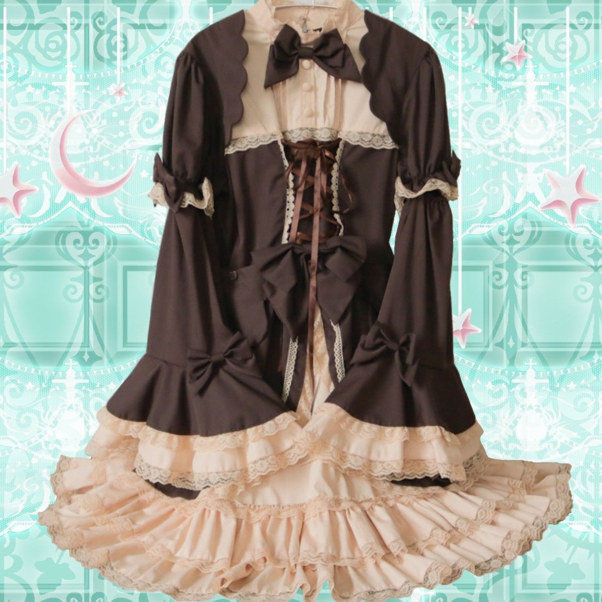 Preview of Y2K BODYLINE スカラップ 姫袖ワンピース 茶×生成り ロリィタ