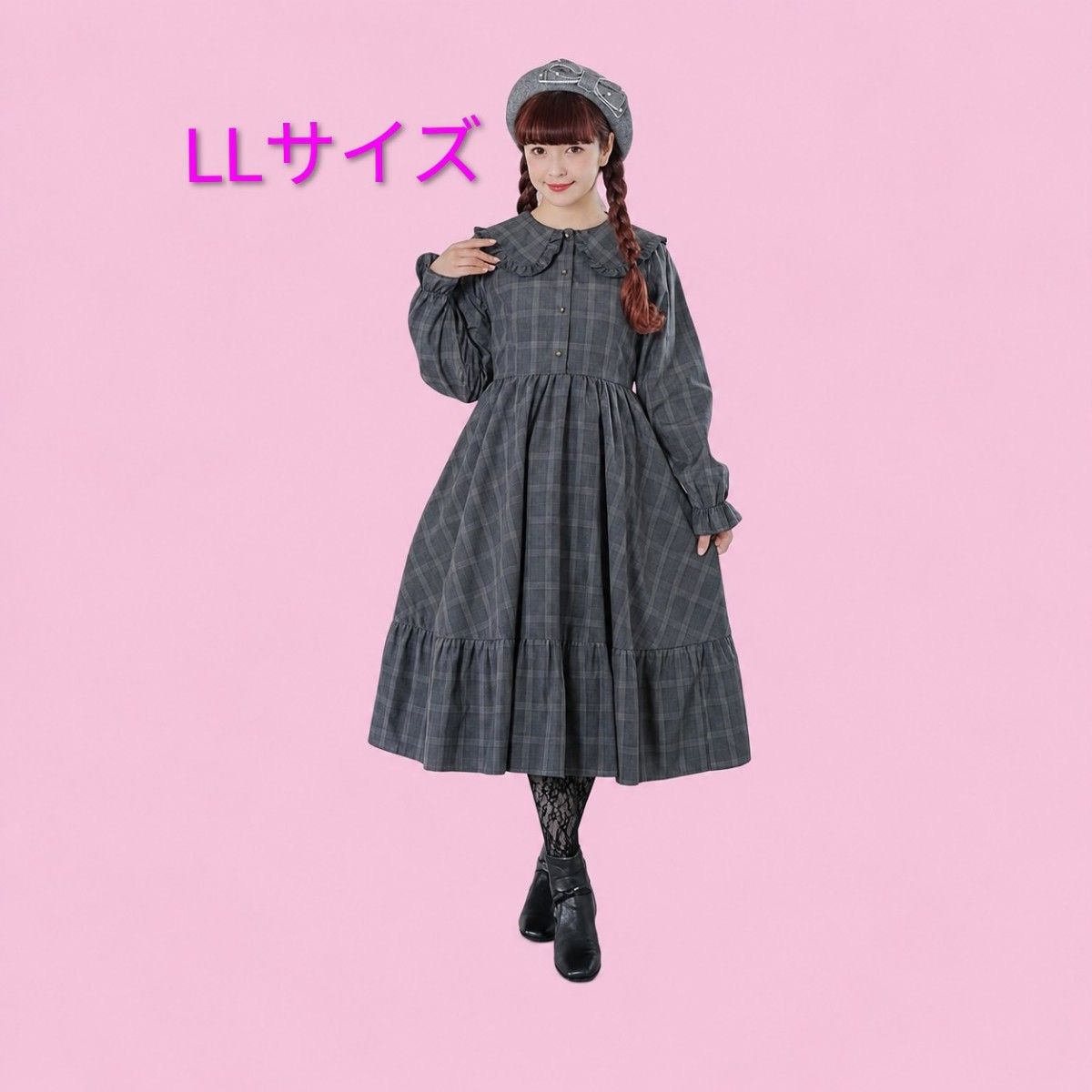 Preview of 青木美沙子 しまむら チェック柄ワンピース グレー LLサイズ しまみさ