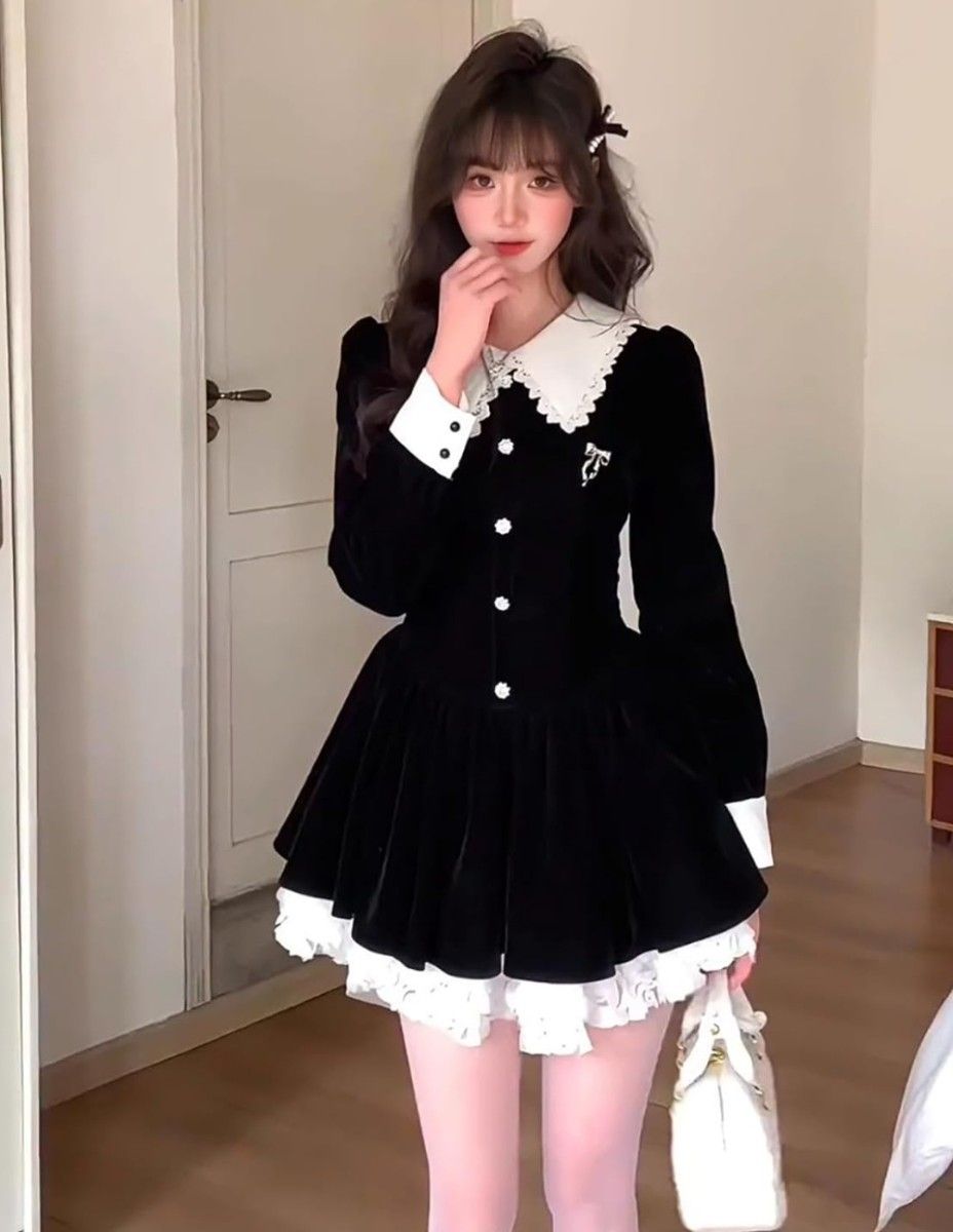 Preview of 【新品未開封】闇み系 ゴシック レトロワンピース Lサイズ ベロア フリル ハイライズ Aライン ゴスロリ ロリータ 地雷系