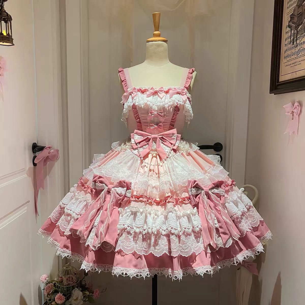 Preview of 甘ロリ ピンク ロリータ ドレス ワンピース フリル リボン ジャンパースカート ロリィタ JSK サスペンダードレス 姫様