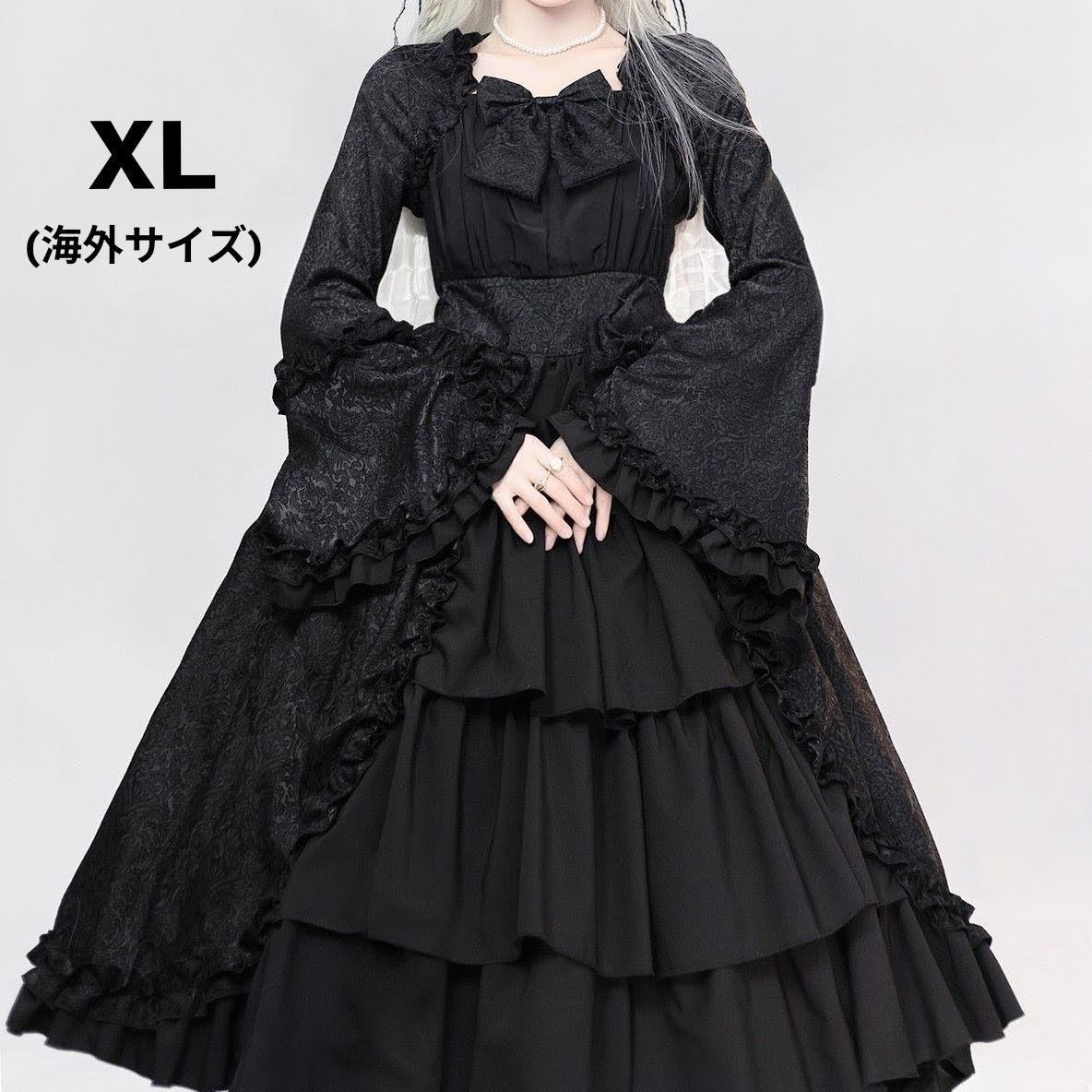 Preview of 姫袖 ゴスロリ ジャガード風 宮廷 ワンピース クラシカル 闇 ブラック 長袖 ロリータ ゴシック ハロウィン イベント