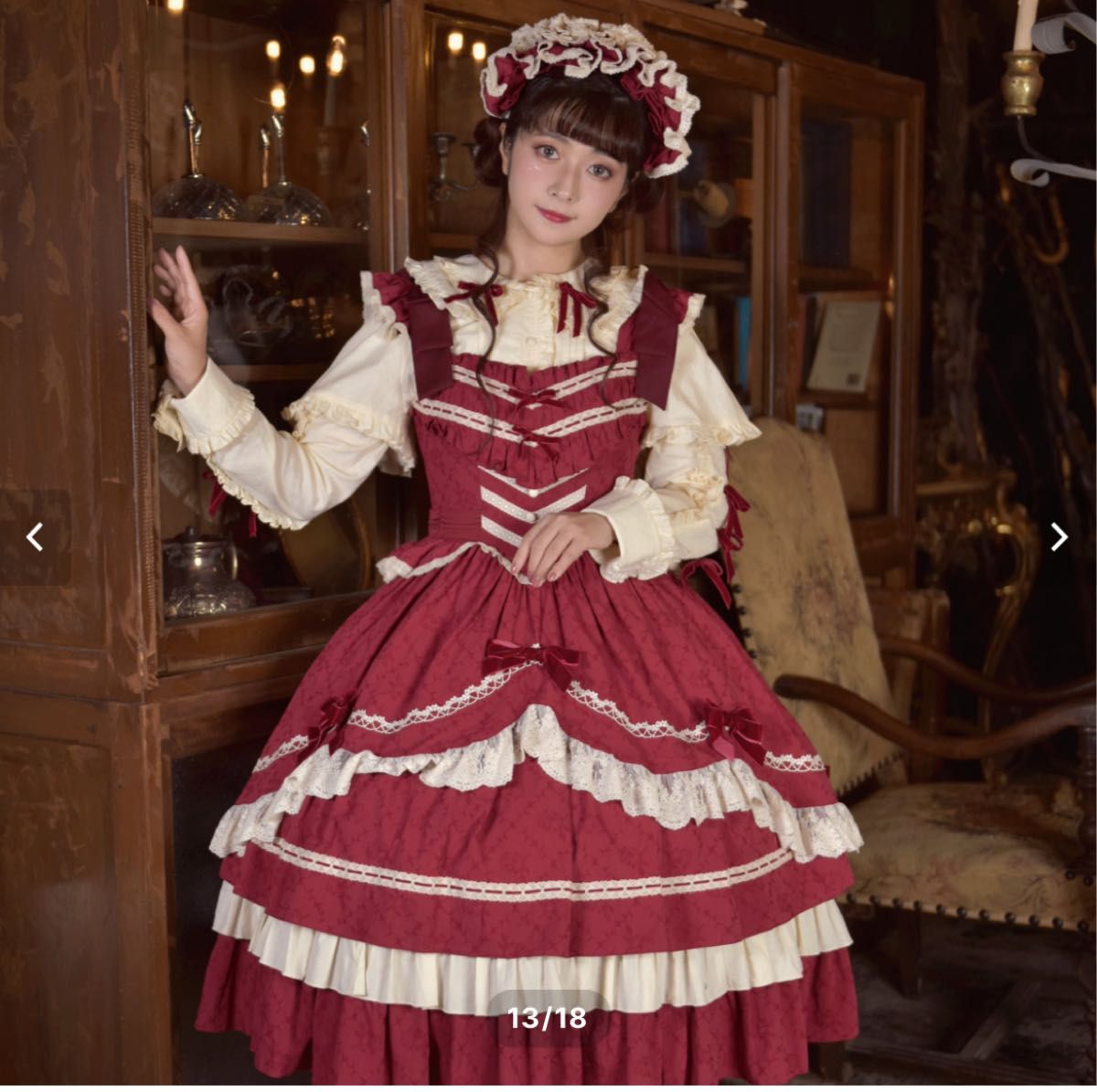 Preview of 星箱works 西洋人形魔法 ジャンスカ ワイン Lサイズ 美品 ロリータ ワンピース ドレス 赤 白 レース フリル リボン