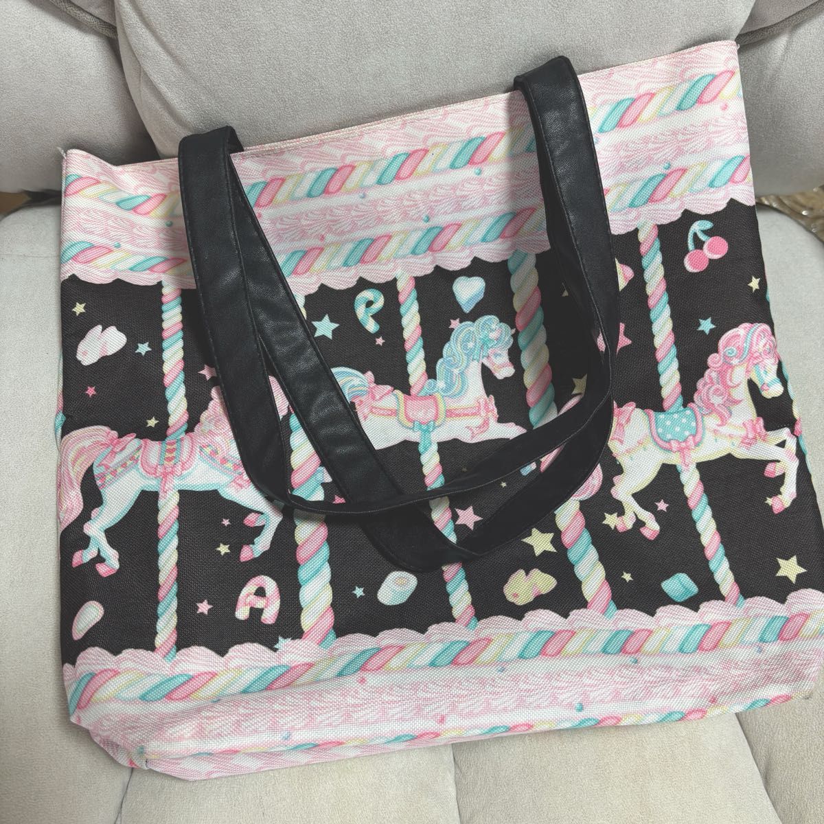 Preview of Angelic Pretty Merry-Go-Round Pattern Tote Bag, Black