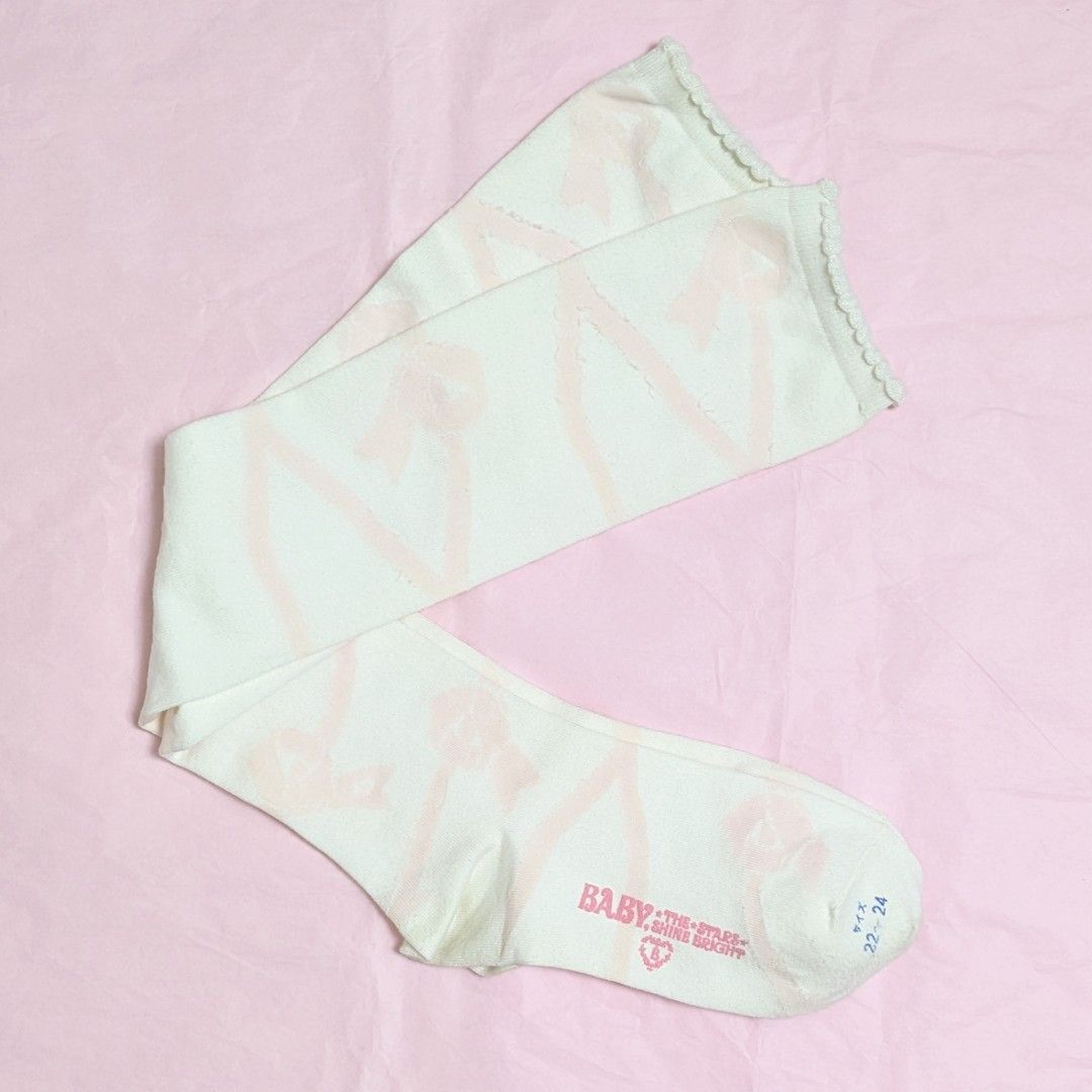 Preview of BABY, THE STARS SHINE BRIGHT Lace-up Ribbon Pattern Over-the-Knee Socks Off-White x Pink