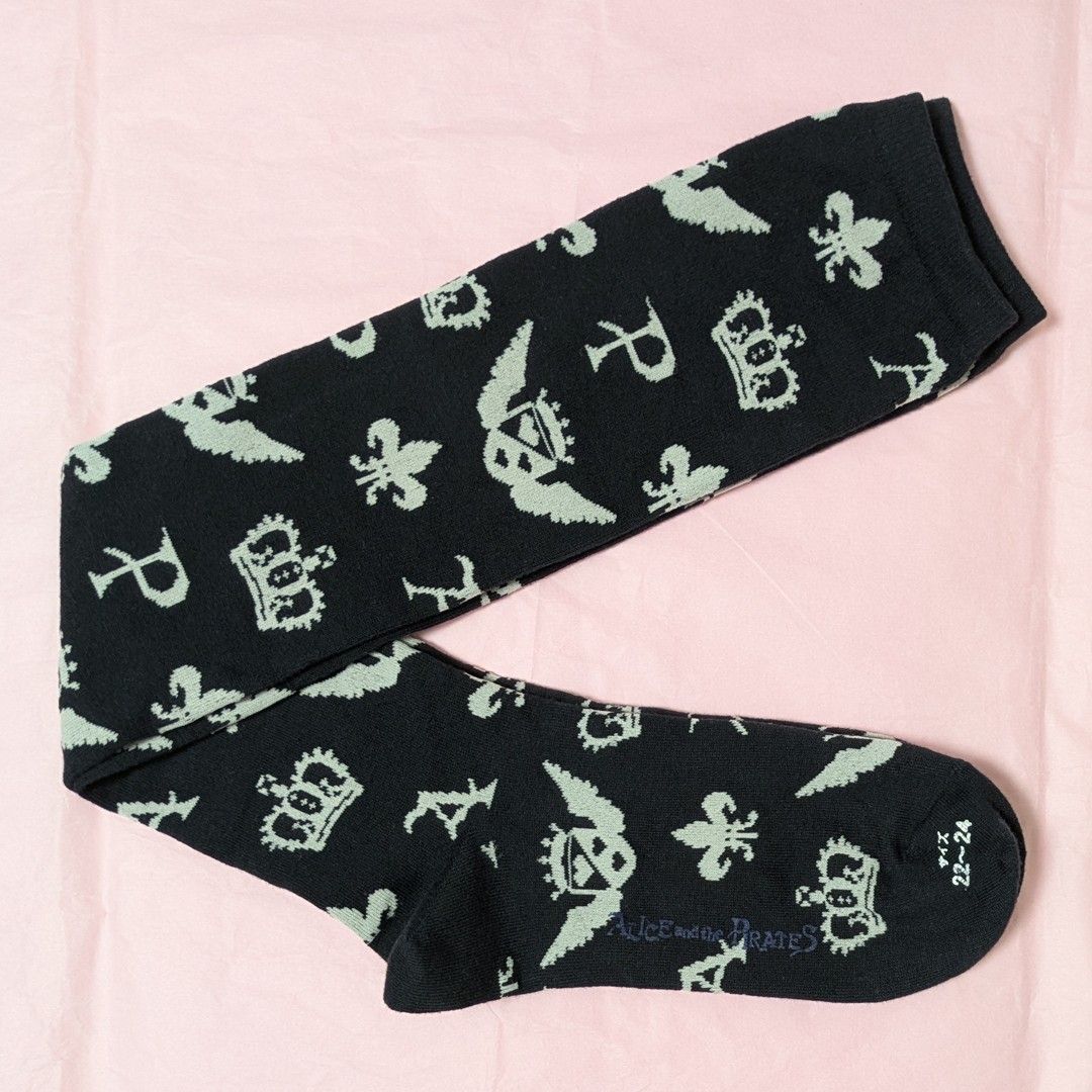 Preview of Alice and the Pirates relief pattern over-the-knee socks, black