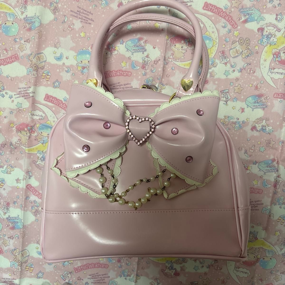 Preview of Angelic Pritty アンジェリックプリティ リボン ビジュー ハートチャーム付き ハンドバッグ ピンク
