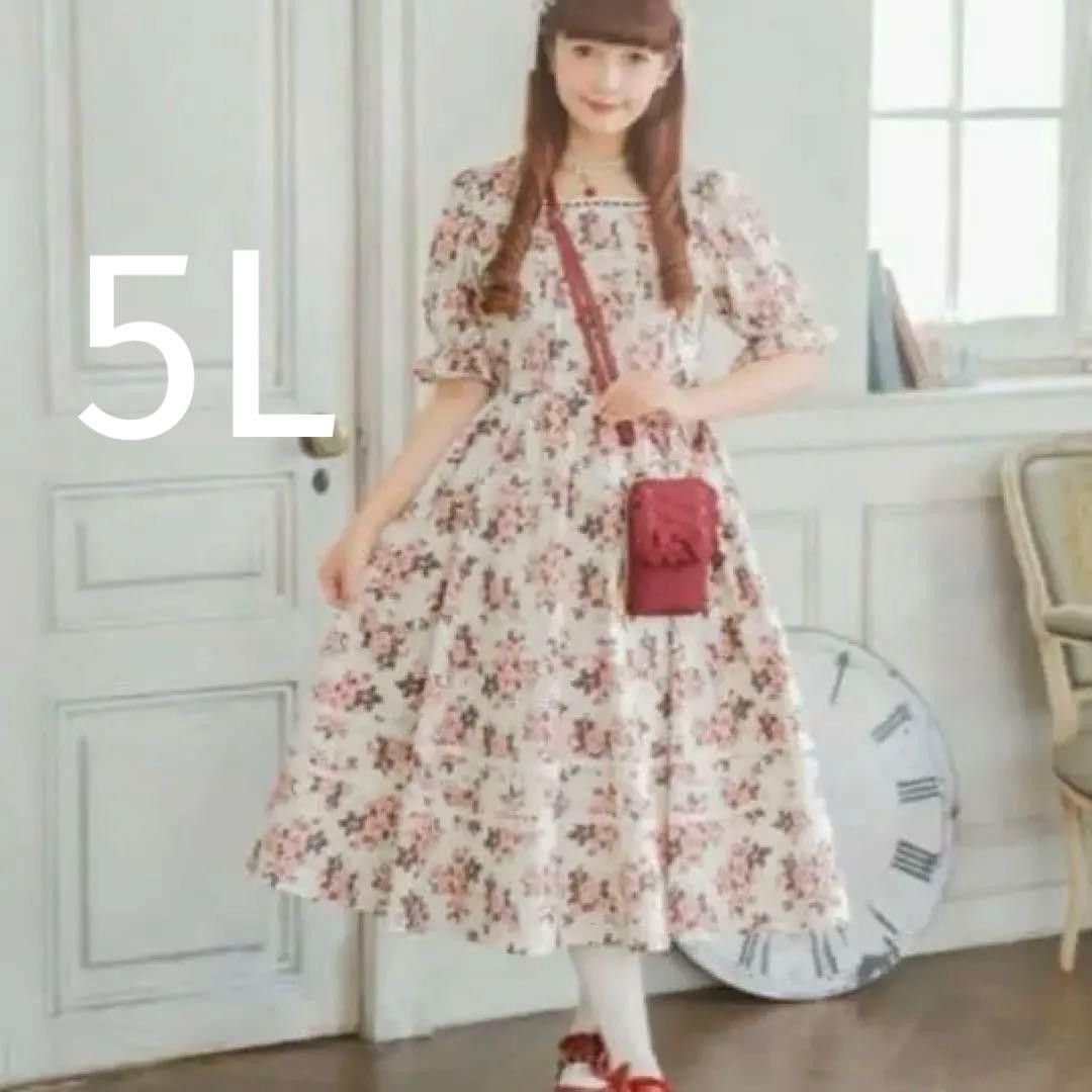 Preview of 青木美沙子 花柄 スクエアネック ワンピース アイボリー (ホワイト系) 5L