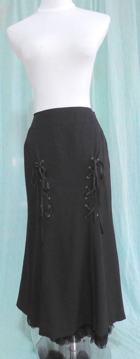 Preview of PEACE NOW Lace-up Long Mermaid Skirt with Tulle Frill Hem, Size M, Black, Princess Lolita, Gothic Lolita