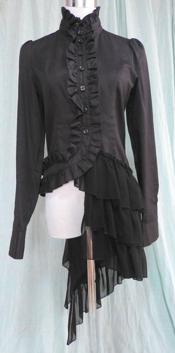 Preview of BPN BLACK PEACE NOW Chiffon Frill Hem Asymmetrical Long Blouse M Black with Spare Button, Stand Collar Frill, Gothic Lolita Visual Kei