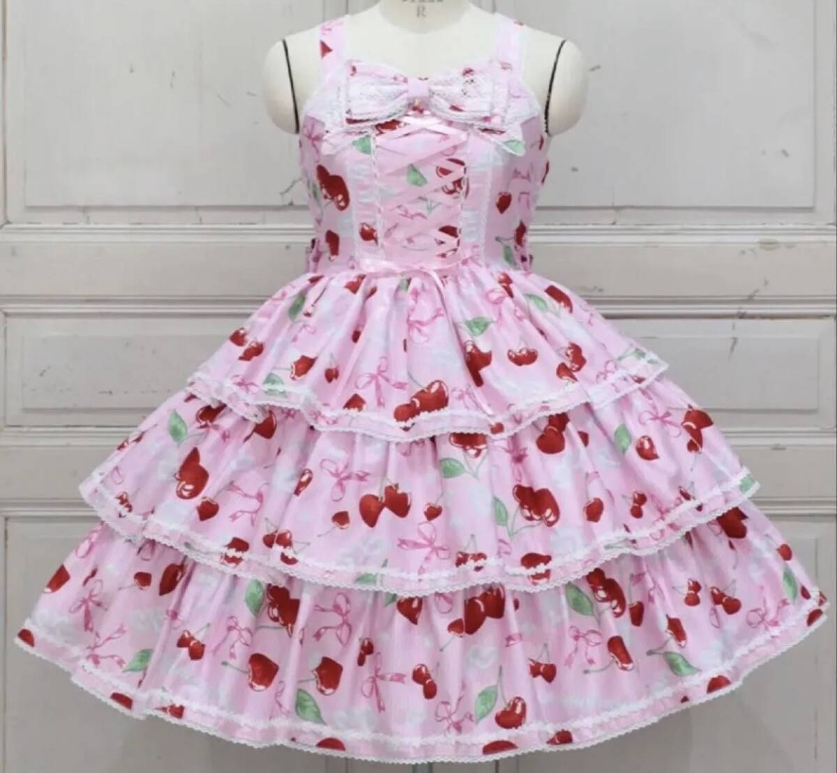 Preview of Metamorphose Whipped Cherry Lace-Up Frill Jumper Skirt, Plus Size, Pink