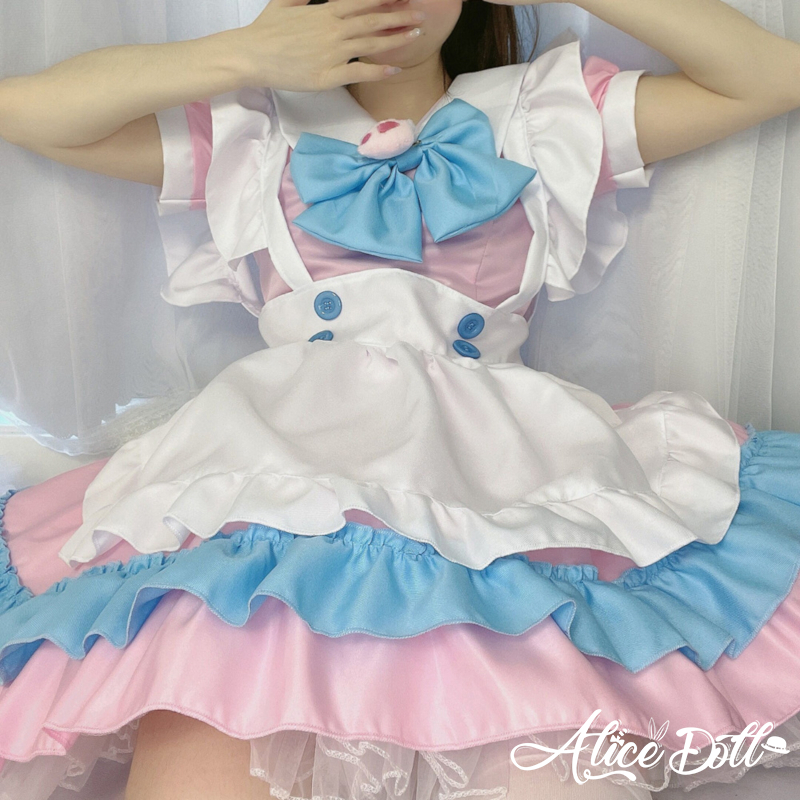 Preview of メイド服 ワンピース エプロン カチューシャ セット 猫の肉球 半袖 ミニ丈 ミニスカ ドレス ロリータ Lolita メイド ロリィタ ゴスロリ