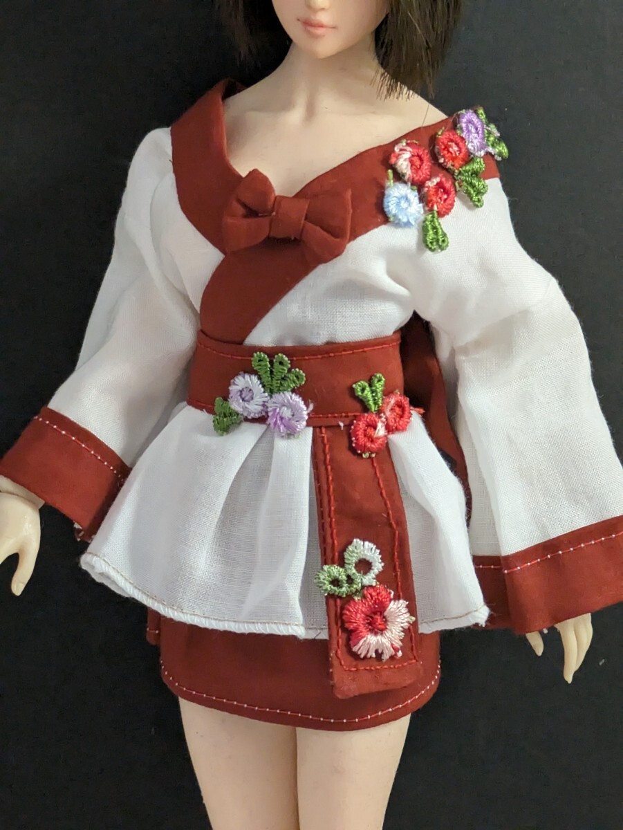 Preview of 1/6ドール★TBLeague S24★和風コーデ白×ボルドー 花刺繍 リボン フレアスカート☆和ロリータ風