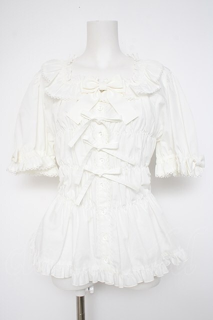 Preview of metamorphose / [Plus Size] Square-neck Shirred Short-Sleeve Blouse, Size 2, White Y-26-10-14-063-ME-BL-AS-ZY