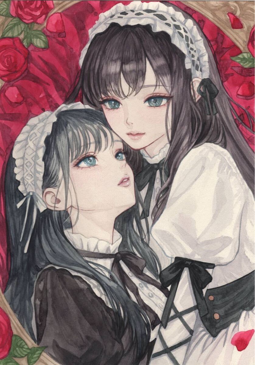 Preview of "Rose Lolita" Hand-drawn illustration, original artwork, beautiful girl duo, Gothic Lolita, watercolor painting, one-of-a-kind, doujin, cute girl