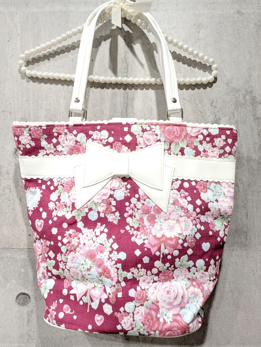 Preview of Brand new, unused BABY, THE STARS SHINE BRIGHT tote bag with rose pattern, wine red, and ribbon.