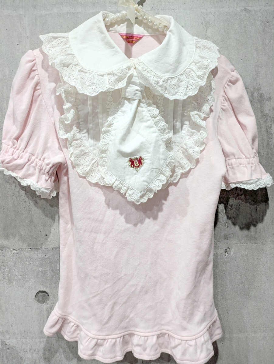 Preview of BABY, THE STARS SHINE BRIGHT Frill Collar Short-Sleeve Cut and Sew Top Pink with Tie Ribbon Lolita