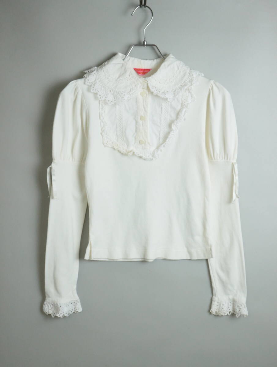 Preview of H168/BABY, THE STARS SHINE BRIGHT/Lace/Heart Button/Long Sleeve/Pullover Shirt/Cut and Sewn/Shirt/White/Old/90s/