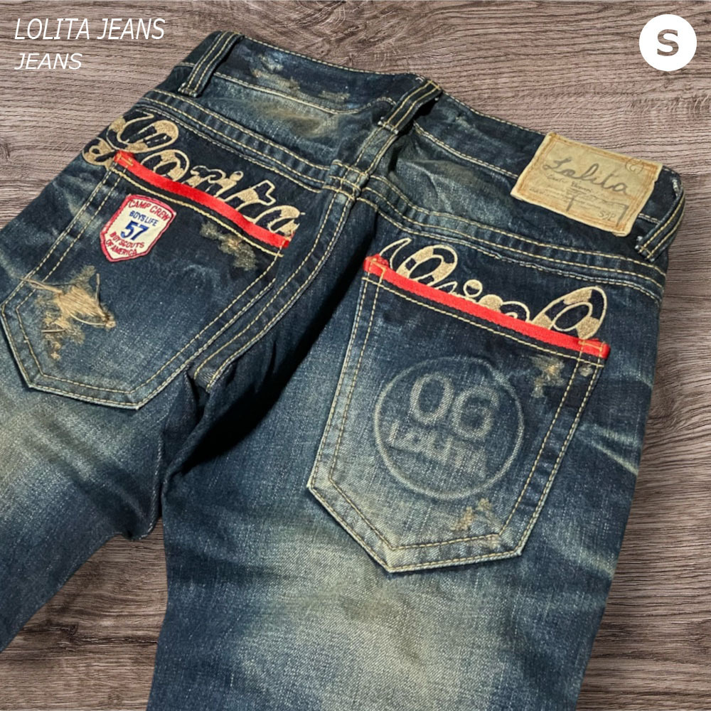 Preview of LOLITA JEANS Lolita Jeans Distressed Jeans Men's Size S Made in Korea Used/Distressed Finish with Faded Whiskering and Honeycomb Pattern Y2K Zipper Fly S3P