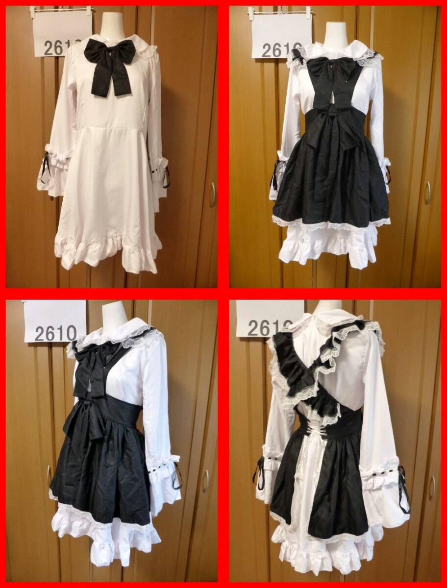 Preview of 送料無料★ロリータ風メイド服ワンピースXL 白フリルワンピース×黒エプロン ワンピにもエプロンにも大きな黒リボン 襟元にもレース♪