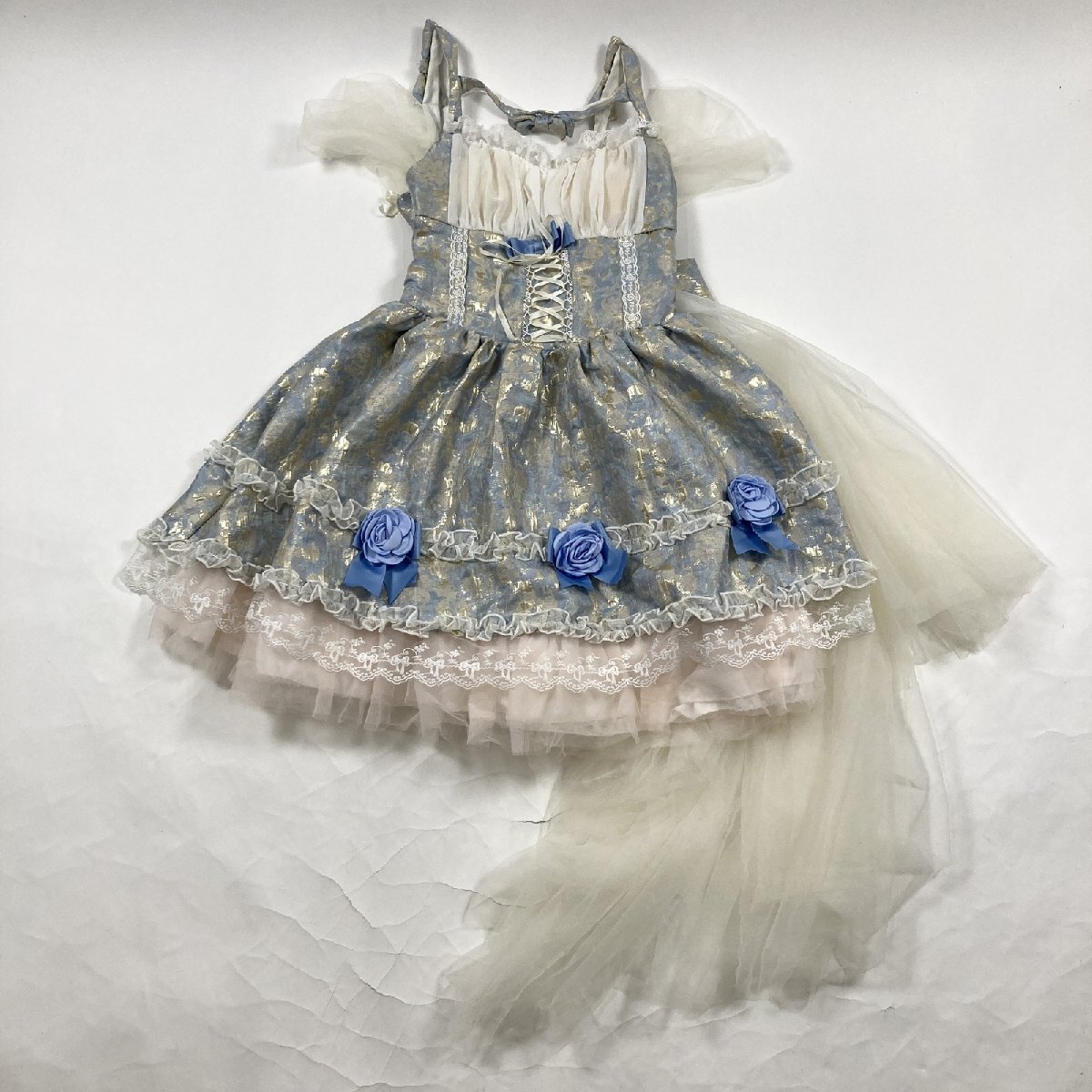Preview of ★ ロリータ ジャガード ジャンパースカート 薔薇 編み上げ レースアップ チュール トレーン JSK ワンピース クラシカル 水色 金 現状品