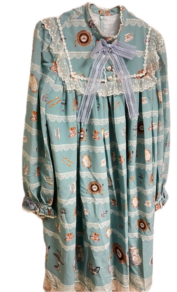 Preview of Metamorphose Noble Tea Party A-line Dress, Mint, Lolita Dress, Teacup Pattern