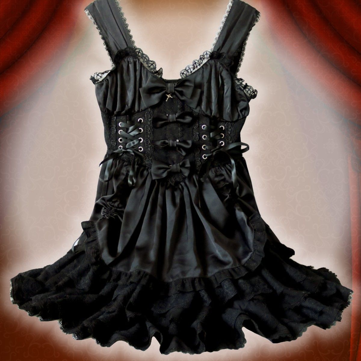 Preview of Gothic Lolita Jumper Skirt (JSK) Black with Frills and Ribbon